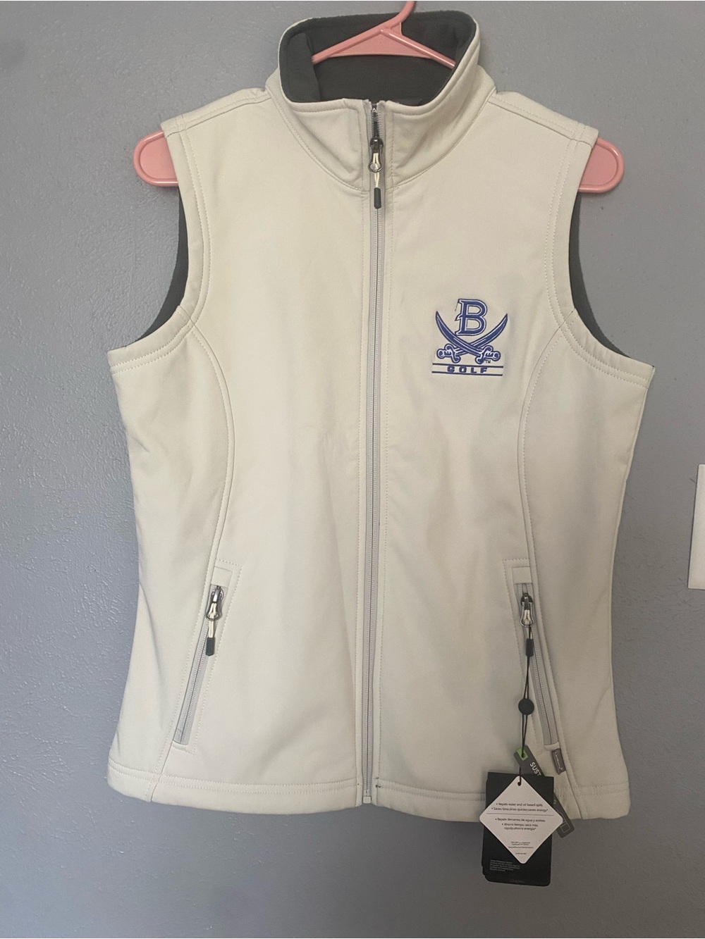 Women's Cream Softshell Vest with Blue Embroidered Golf Logo